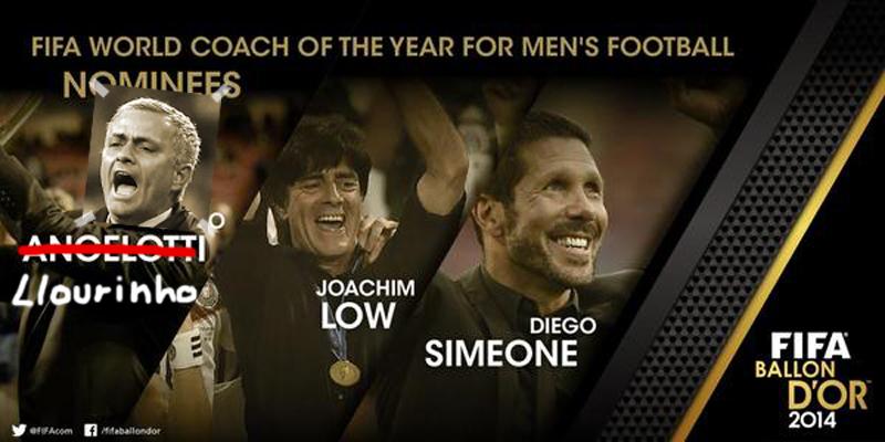 Llourinho's tweet photo. Gracias FIFA por nominarme a mejor entrenador de 2014. Los envidiosos dirán que es Photoshop. http://t.co/aDh8iPyWPd