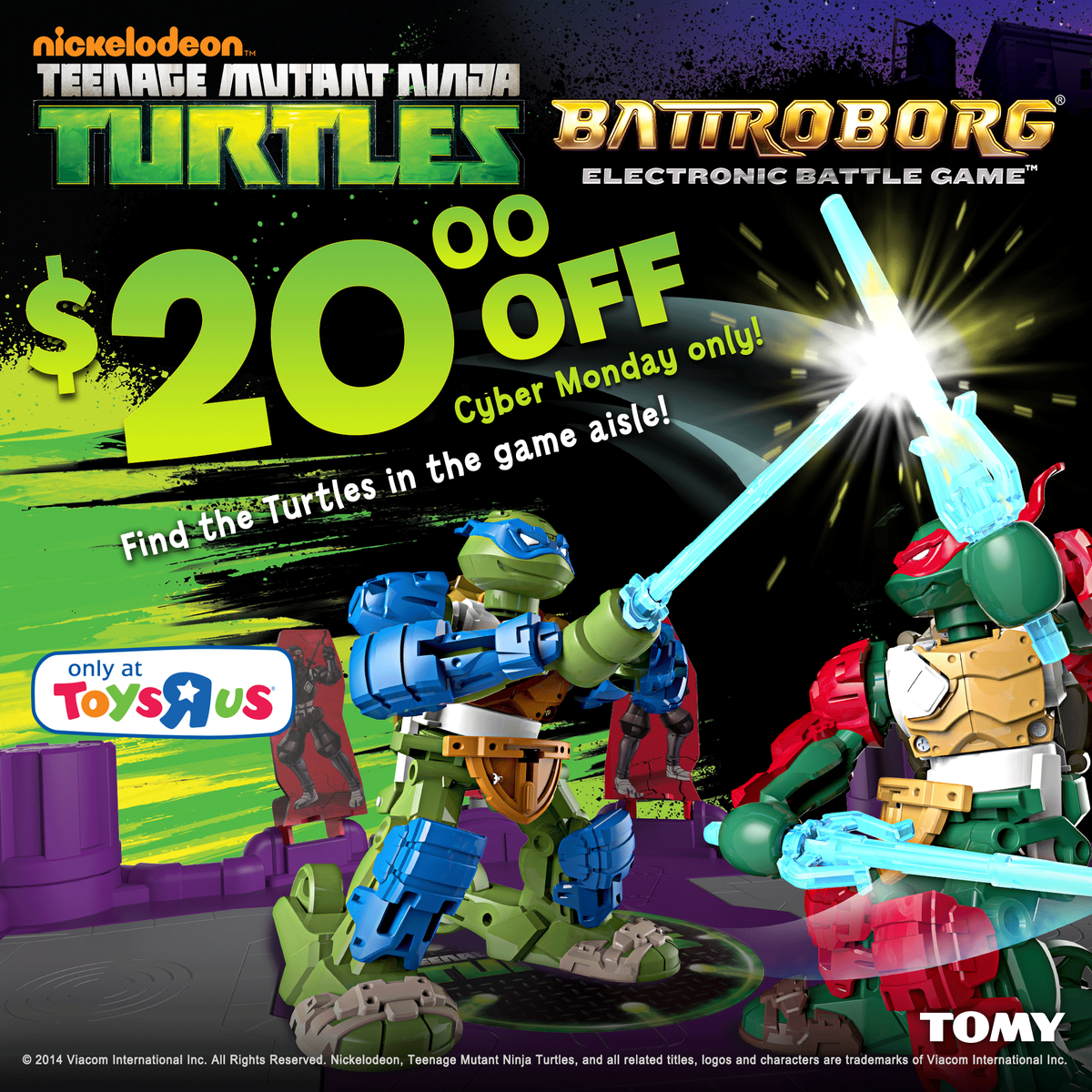 Battroborg's tweet image. It's #CyberMonday! Visit @ToysRUs for $20 off the Teenage Mutant Ninja Turtles Battroborg Electronic Battle Game.