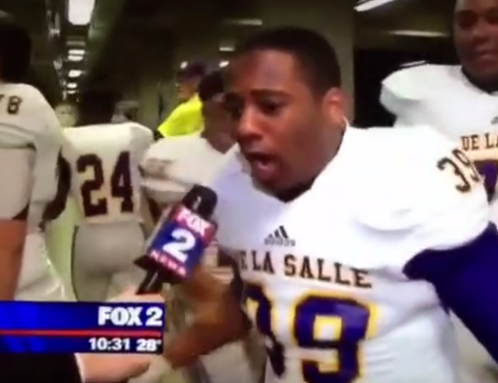 BleacherReport's tweet photo. VIDEO: HS football player says he got his swagger back during amazing local news report http://t.co/nssRnfdT9w http://t.co/FpxI5b76rd