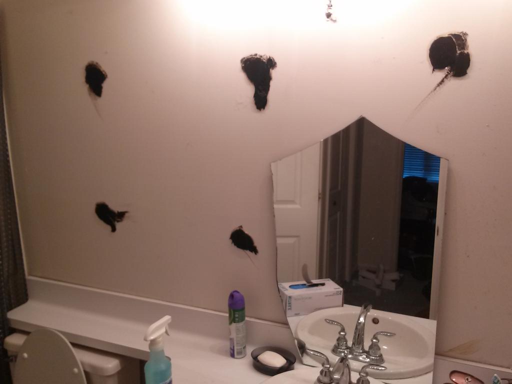TheFurryFelon's tweet photo. Nothing like coming home after days to find your bathroom mirror has fallen off the wall. #itsSHARP #nooooooMySelfies http://t.co/Qyr0OTAMwD