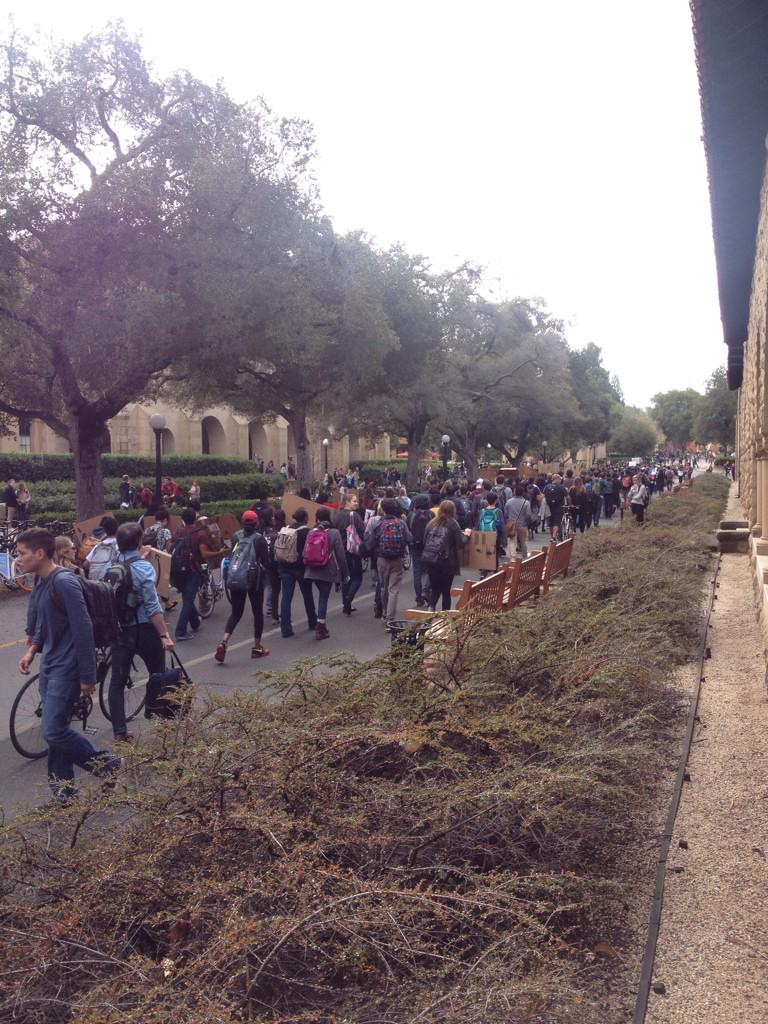 #HandsUpWalkOut - at Stanford this morning - biggest protest I've seen in three years by far. Good, loud and vital.