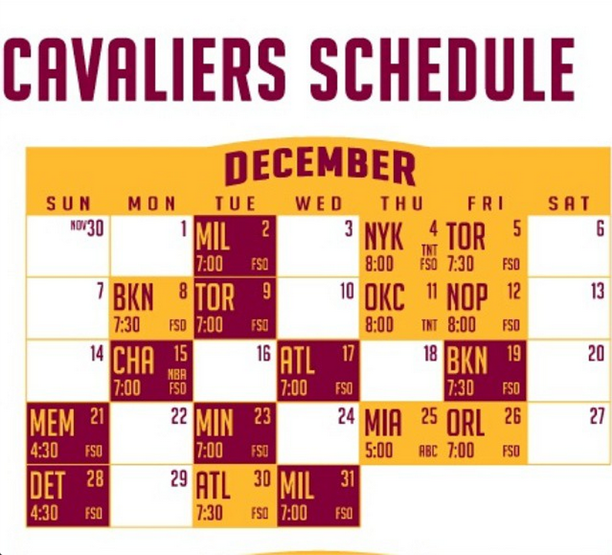 Cavs Schedule Printable