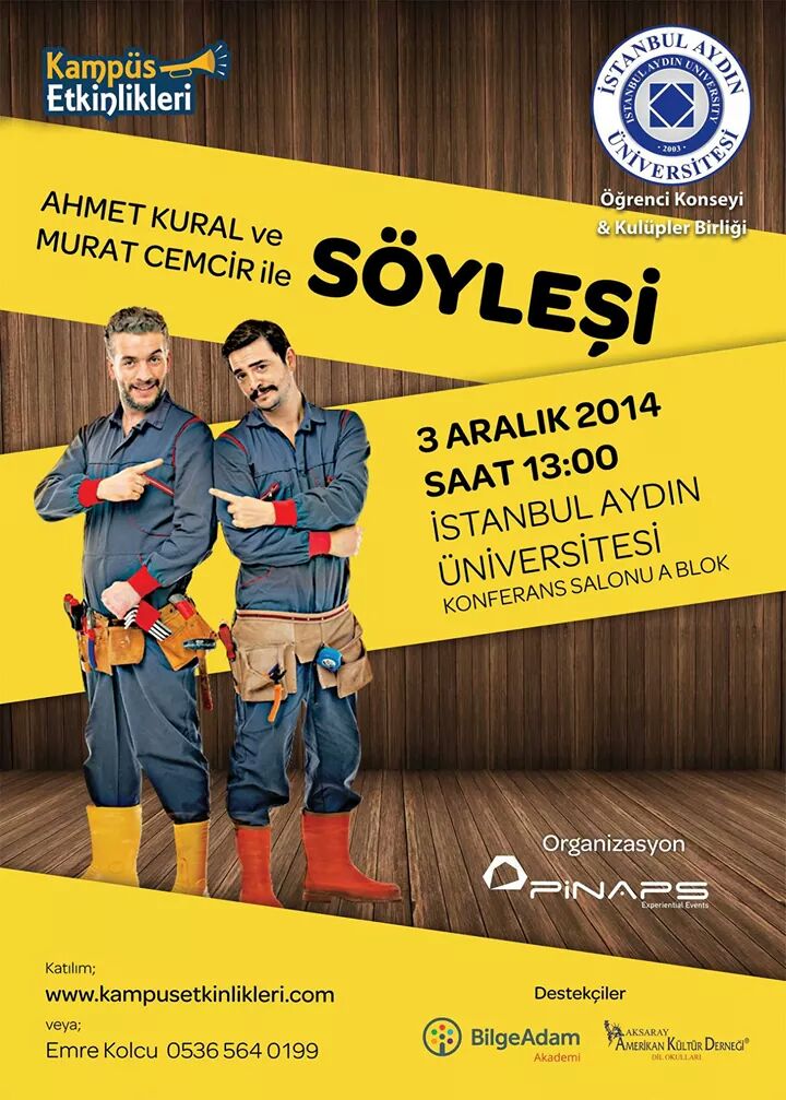 03 Aralık 2014 Çarşamba Saat:13.00
Ahmet Kural ve Murat Cemcir ile Söyleşi <a href="/iau_sks/">SKS DAİRE BAŞKANLIĞI</a>