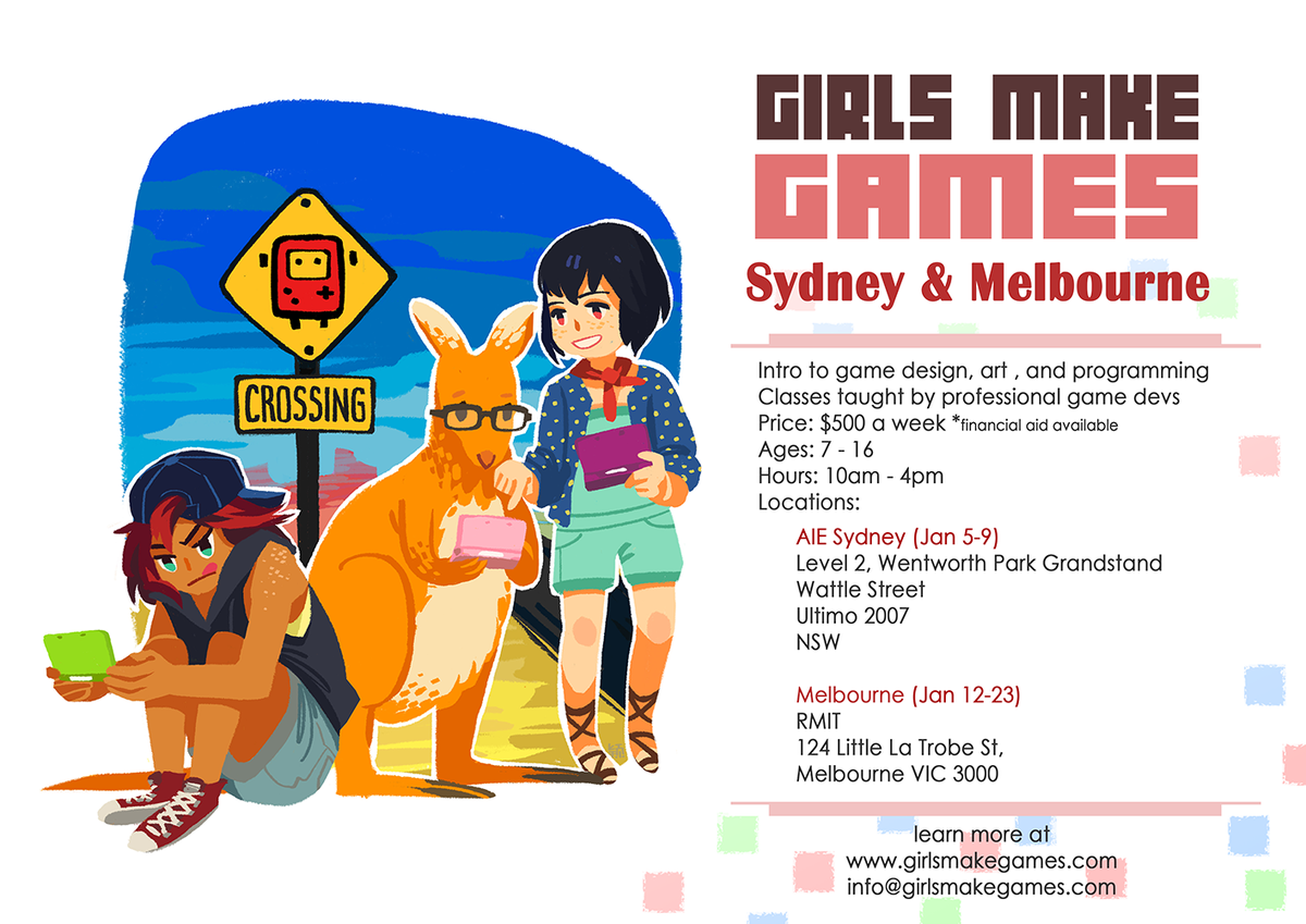 GirlsMakeGames's tweet photo. Attn Aussie friends! We're so psyched to be coming your way soon! Sydney &amp; Melb camps have spots open, RT away! <3 http://t.co/6Q93UezcIn