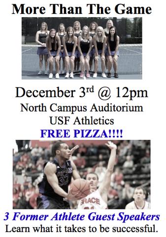 USF_SGA's tweet photo. Mark it on your calendars! 3rd of December, come by North Campus and listen to some of former USF athletes' success! http://t.co/A46FnO2z2H