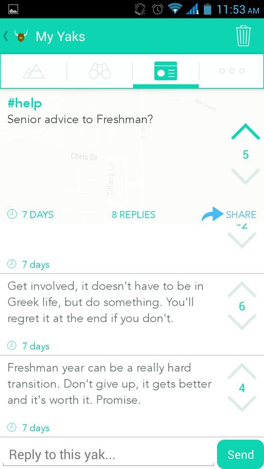 Sparks_Fly93's tweet photo. In a social media experiment, I asked anonymous users on YikYak for their advice to underclassmen. #JMC304 http://t.co/aAC768ivya