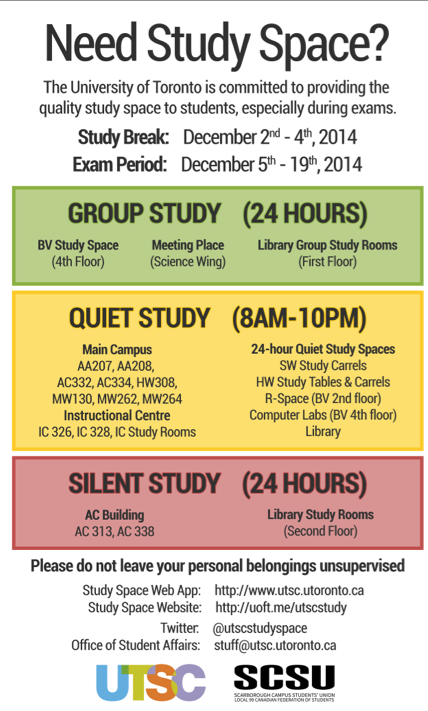 UTSCStudy's tweet image. Here’s a handy dandy poster for study space. The Cardio Theatre in the old gym will also be open 24/7 starting today!