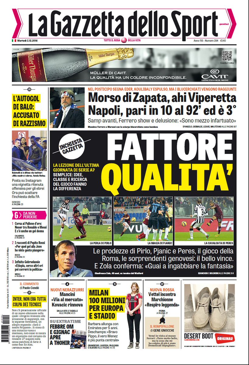 Portada de La Gazzetta dello Sport del 2 de Diciembre