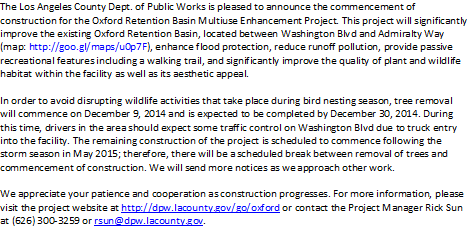 LACoPublicWorks's tweet photo. Phase 1 of Oxford Basin Project starting up in #MarinadelRey on 12/9/14. @lacodbh @marinadreypatch #constNW http://t.co/E27pGP9a1n