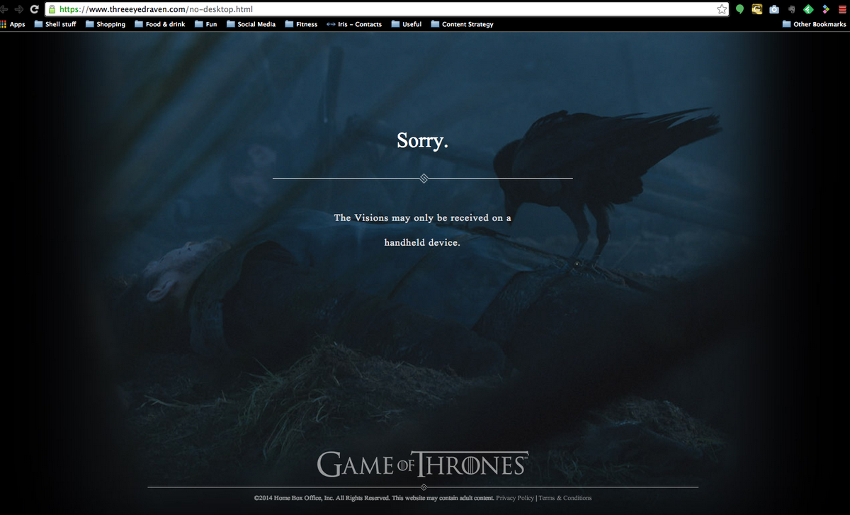 Peterkin's tweet image. Winter is coming, but content from @GameOfThrones is not. (Didn't work on mobile either) #winterfail