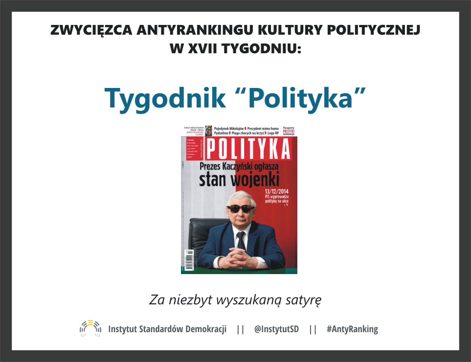 InstytutSD's tweet photo. W XVII tygodniu zwycięzcą #AntyRanking.u Kultury Politycznej został Tygodnik @Polityka_pl. http://t.co/BobdZlxTty