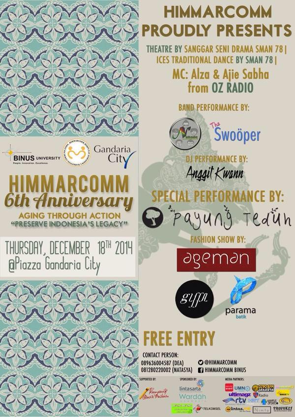 @HIMMARCOMM mempersembahkan; #HIMMARCOMM6thAnniversary, 18/Des/'14 di Piazza Gandaria City jam 3 sore. GRATISSS!