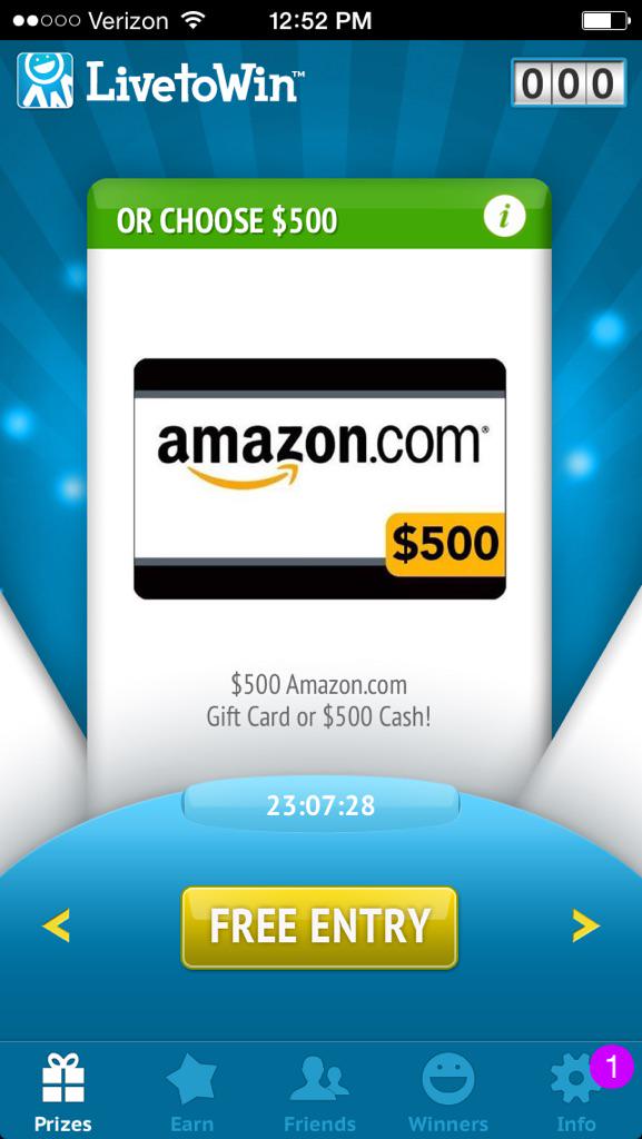 edwardmag's tweet photo. Dl livetowin enter code mi23c for 10k entries and 3 free spins daily u choose 500$ or the prize no cc req #Amazon http://t.co/e5Y6dMFOEQ