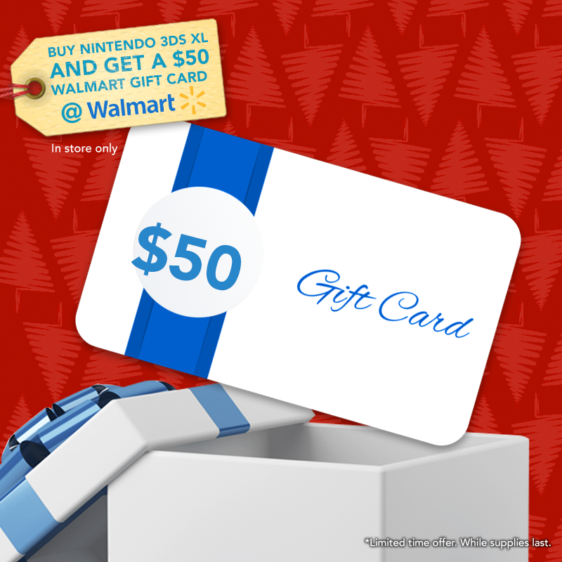 NintendoAmerica's tweet image. Purchase a Nintendo 3DS XL system in store at Walmart between now and December 20 and receive a $50 gift card!
