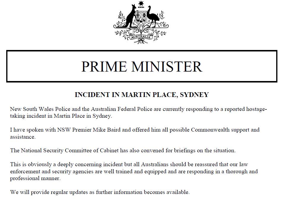 abcnews's tweet photo. The PM's office releases a statement about  #sydneysiege. http://t.co/7NdqPYhwcY http://t.co/jeYdlwywO7
