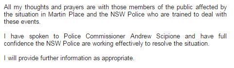 smh's tweet photo. Statement from NSW Premier @mikebairdMP on the #SydneySiege http://t.co/rqInOJeXHC