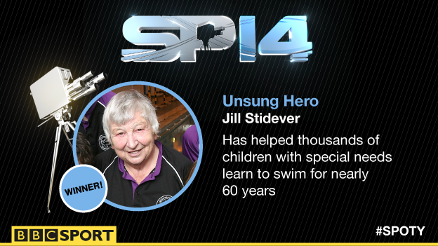 BBCSport's tweet photo. The winner of the 2014 Unsung Hero award is swimming coach Jill Stidever http://t.co/WqZSLB0lNz #SPOTY #BIGTHANKYOU http://t.co/cXkneCSUPO