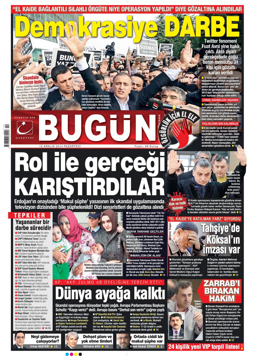 RT'lenerek gelsin. Pazartesi, BUGÜN gazetesi birinci sayfa...