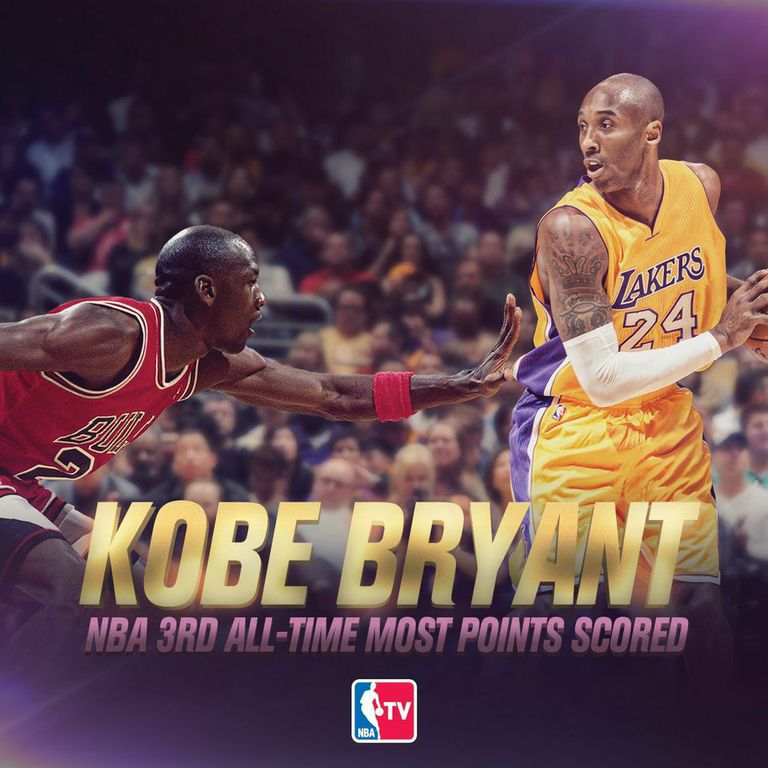 NBATV's tweet photo. RT to congratulate @kobebryant on passing Michael Jordan for third place on the all-time scoring list #MambaStrikes http://t.co/Fs7ltgOBVk