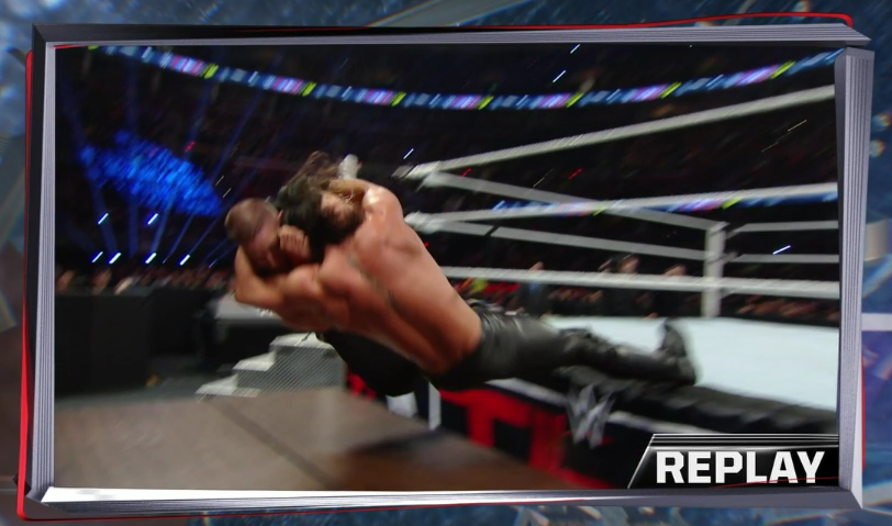 WWE's tweet photo. It's a #PhotoFinish in the #TablesMatch!! 
Referee can't not determine who hit first ... RESTARTS MATCH! 
#WWETLC http://t.co/RPG0barQy8