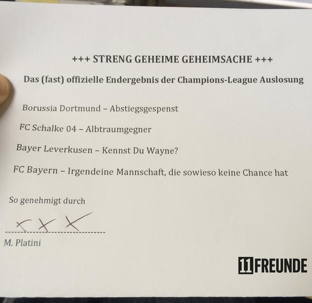 <a href="/BVB/">Borussia Dortmund</a> <a href="/FCBayern/">FC Bayern München</a> <a href="/s04/">FC Schalke 04</a> Wenn keiner will, dann machen wir es eben. #UCLdraw im Liveticker: 11freunde.de/liveticker/die…