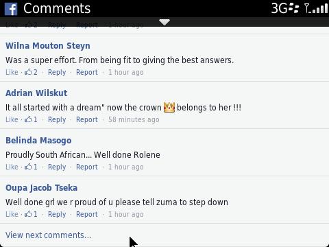 Best comment on <a href="/RoleneStrauss/">Rolene Strauss</a> winning Miss World from Oupa on facebook.