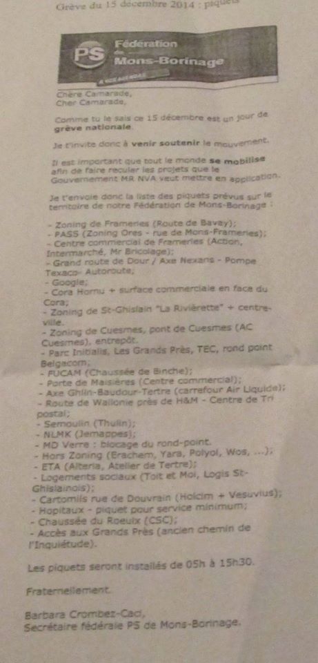 AKTforWallonia's tweet photo. Une #greve15dec politique? la Présidente PS Mons Borinage invite ses membres à soutenir la grève le 15 dans sa région http://t.co/lBEWJf1szi