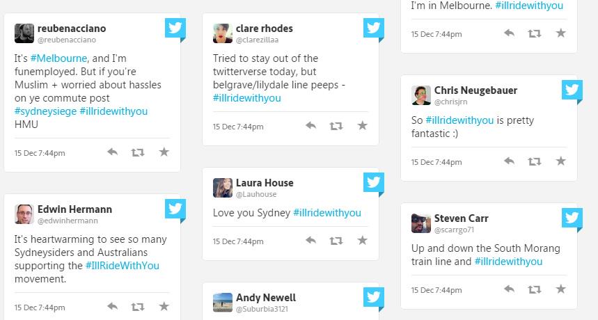 newscomauHQ's tweet photo. Australians unites against #racism with #illridewithyou following #sydneysiege http://t.co/XTEWFBu7k3 http://t.co/uafLUq7MvF