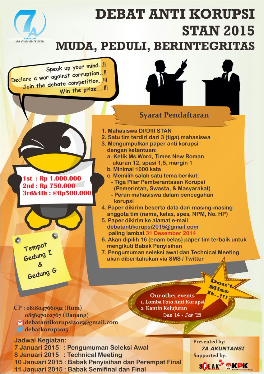 debatkorup2015's tweet photo. Event Keren Anti Korupsi yang Ketiga adalah~~jreng jreng jreng~~Debat Anti Korupsi. Kita Muda, Peduli, Berintegritas! http://t.co/YIMBP35sQ5