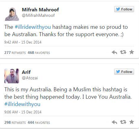 Australia's reaction to the #sydneysiege is magnificent #illridewithyou ind.pn/1st9OhX