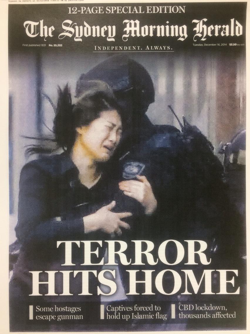 CCouzi's tweet photo. "Page one of Tuesday's Sydney Morning Herald #sydneysiege http://t.co/xRsS9aG4kf 
Islam hits home.” Hoping for a peaceful ending!!