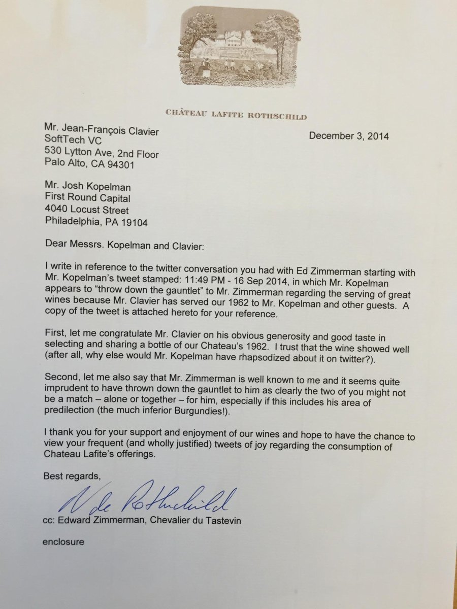 joshk's tweet photo. Check out this letter from Chateau Lafite Rothschild in response to https://t.co/386DBxMaY9 #BestTwitterResponseEver http://t.co/edmi0xwn2l