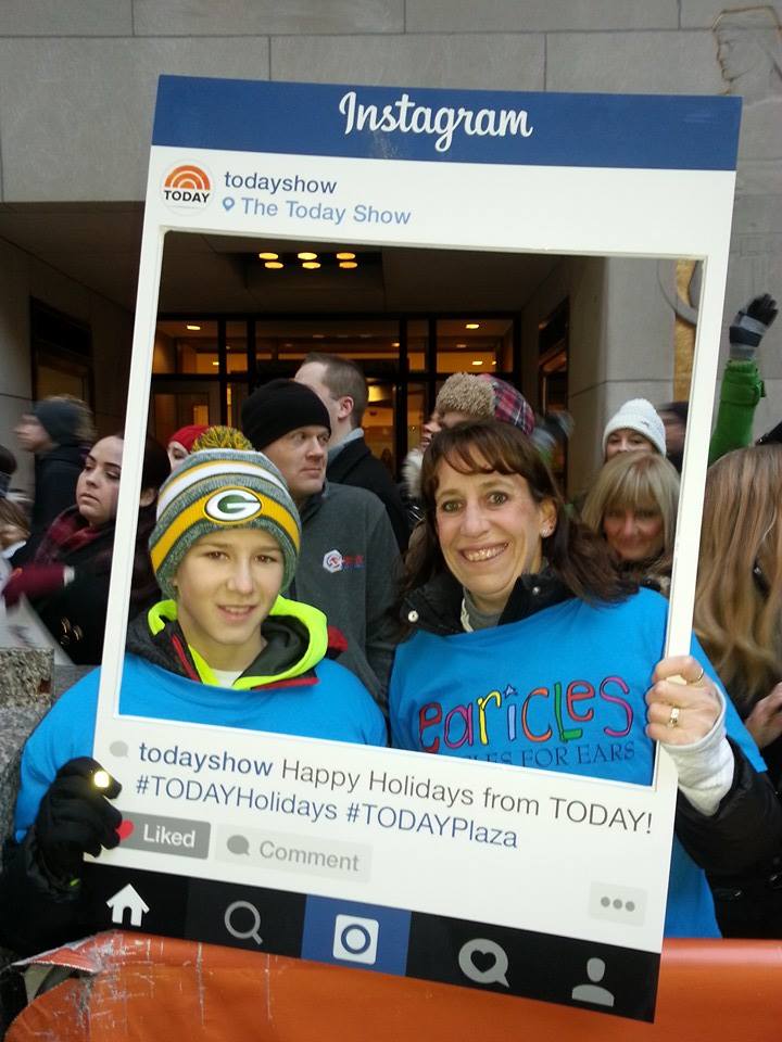 Earicles's tweet photo. Representing #Earicles ~ Miracles For Ears @TheTodayShow in NYC! #Microtia #TODAYHolidays #TODAYPlaza #OrangeRoom http://t.co/vFOEeAJrLm