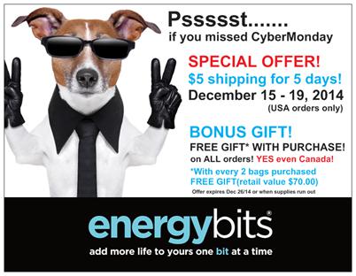 ENERGYbits's tweet photo. Did you miss cyber Monday? We got you covered! $5 shipping on all US orders and FREE gift with every 2 bags ordered! http://t.co/b4C7nX79xb