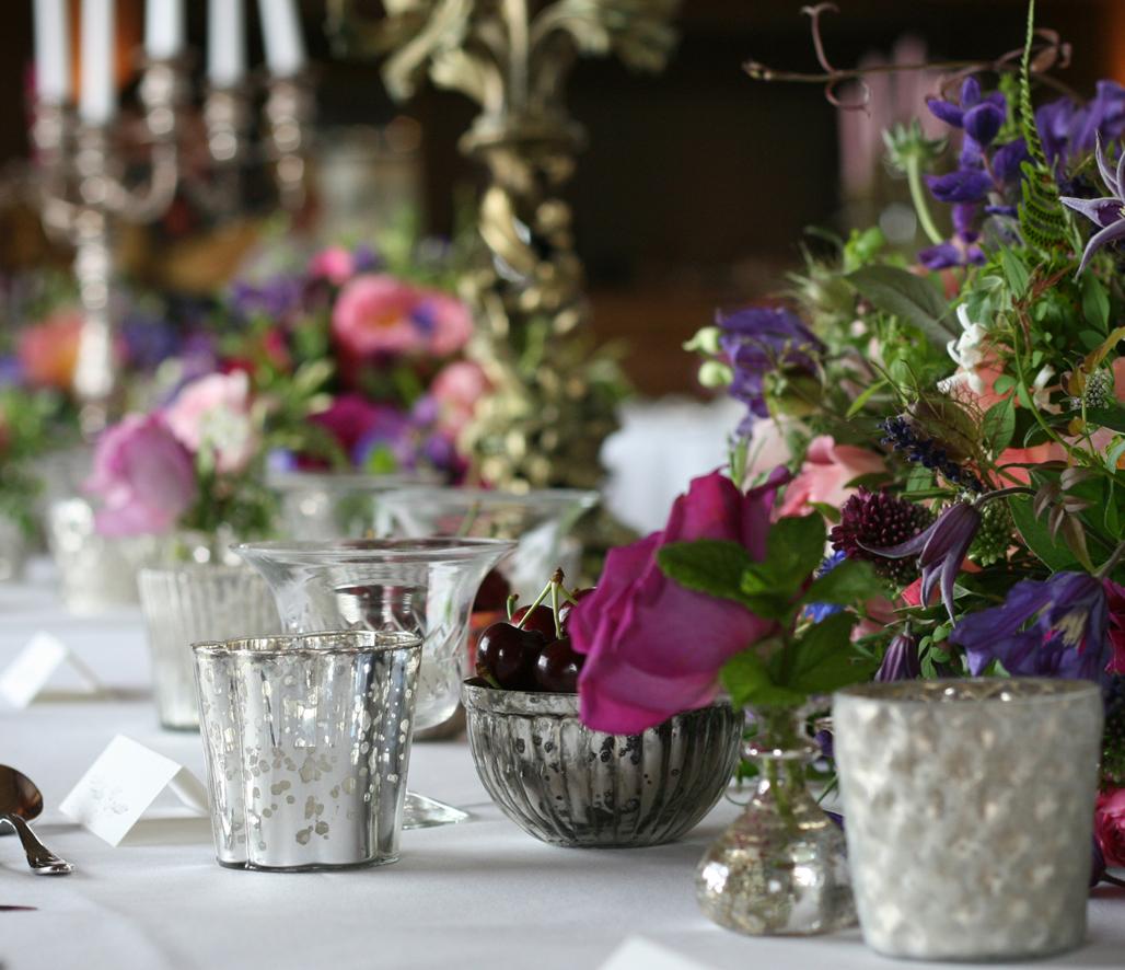 Tables laden with richly coloured blooms, summer berries &amp; Baroque candlesticks <a href="/elmorecourt/">Elmore Court</a>. amberpersia.co.uk.