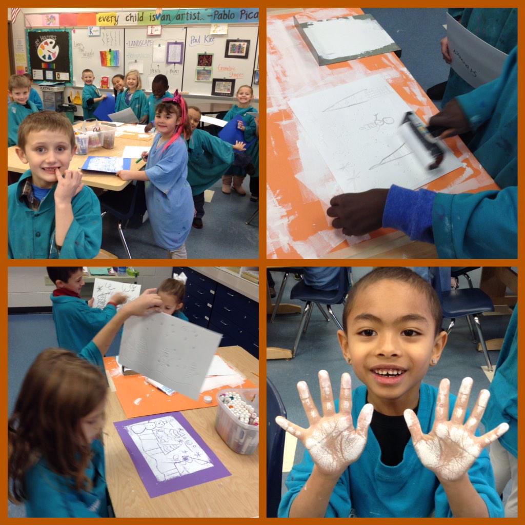 ArtwithMrsBlack's tweet photo. 1st grade had a blast making their winter landscape prints! #elementaryart #1stgrade #printmaking #landscape http://t.co/OoSdHjo4QS