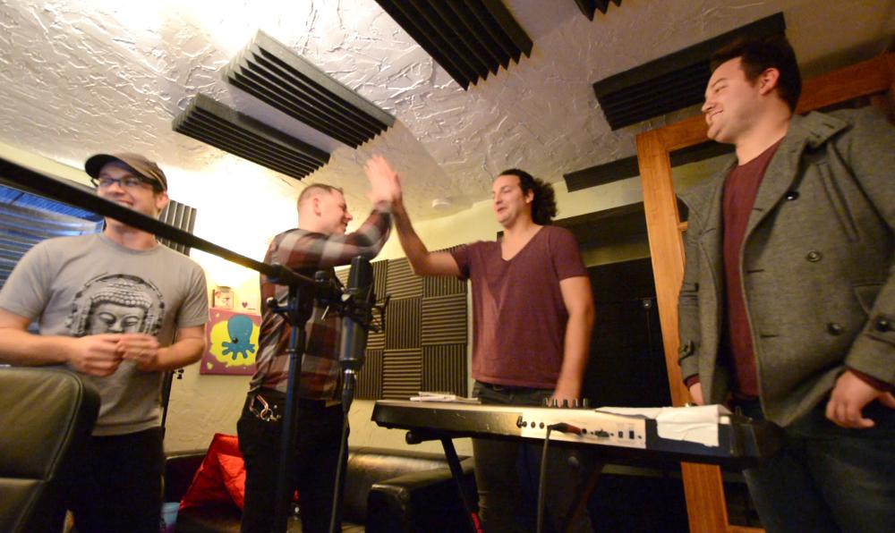 RocketSurgeonGo's tweet photo. We had @dedozmusic @rumoursfollow & @AMZYband in studio with us, making a #HTFH 2014 xmas track STAY TUNED! http://t.co/e3F9GHASic