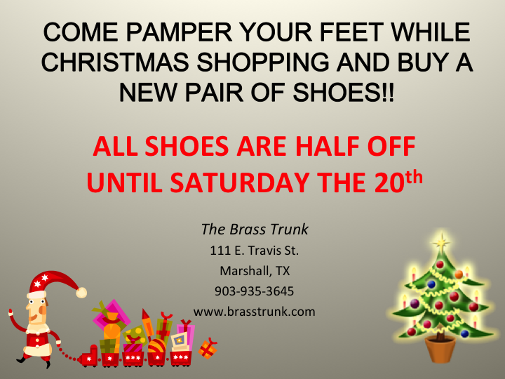 BrassTrunk's tweet photo. Pamper your feet. All shoes are HALF OFF @BrassTrunk thru 12/20. http://t.co/4yV8KbSqay