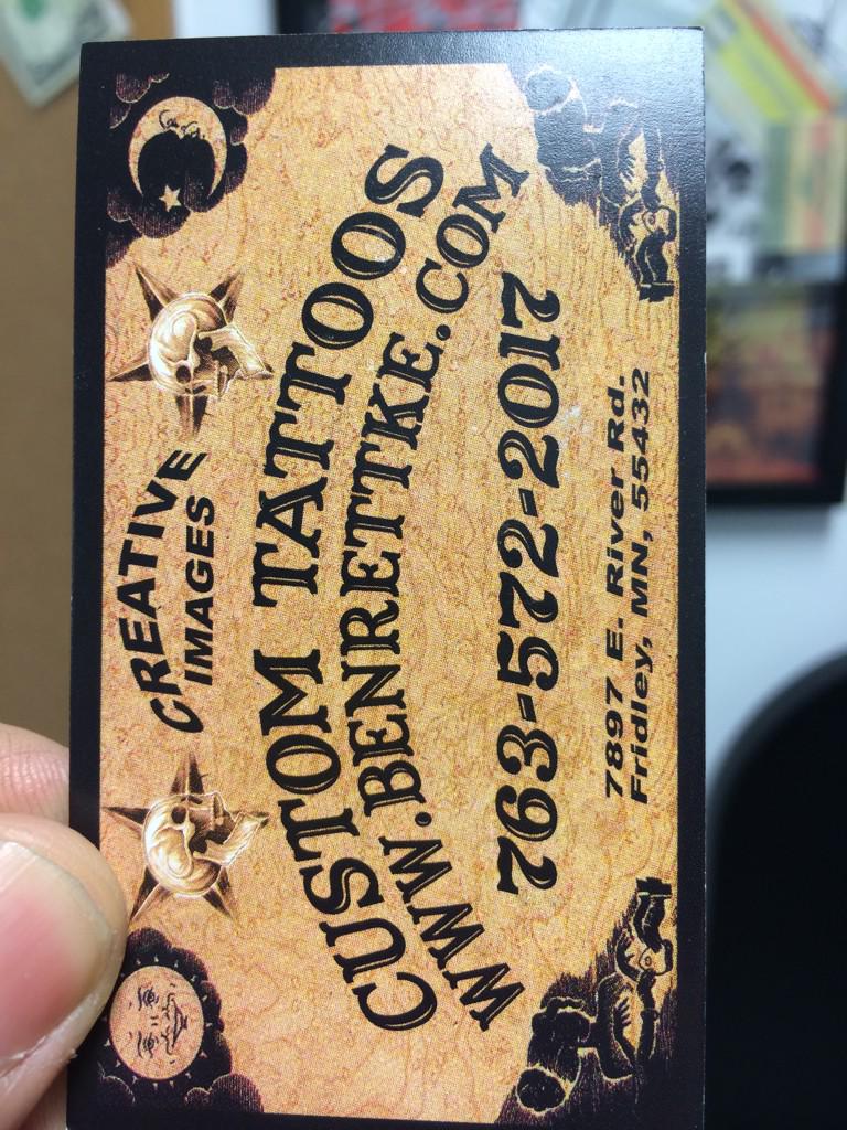 Chris_Hawkey's tweet photo. This is the card of my Tattoo guy, Ben Rettke. He's got his own shop now.  He rules. Call him!  #deepink #inthechair http://t.co/EcQrlR4SyR