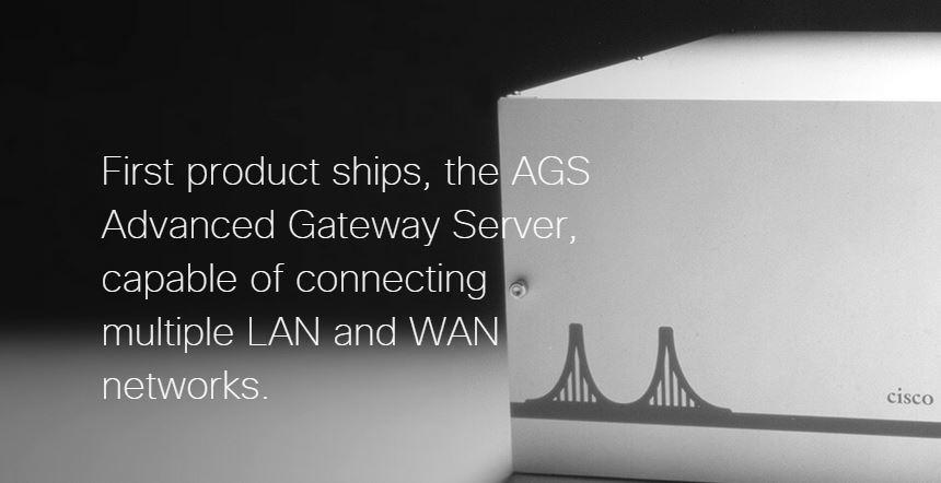 Cisco's tweet photo. Cisco’s first product, the Advanced Gateway Server (AGS), shipped in 1986. It connected LAN &amp; WAN networks. #Cisco30 http://t.co/dW6vZHG2pI
