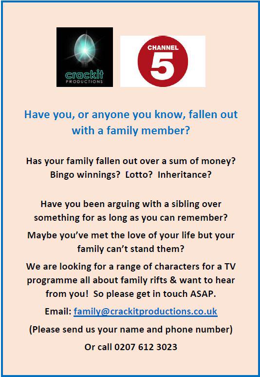 TVFamilies's tweet image. @Lucycasting Looking for Feuding Families for a new Channel 5 Programme E: family@crackitproductions.co.uk