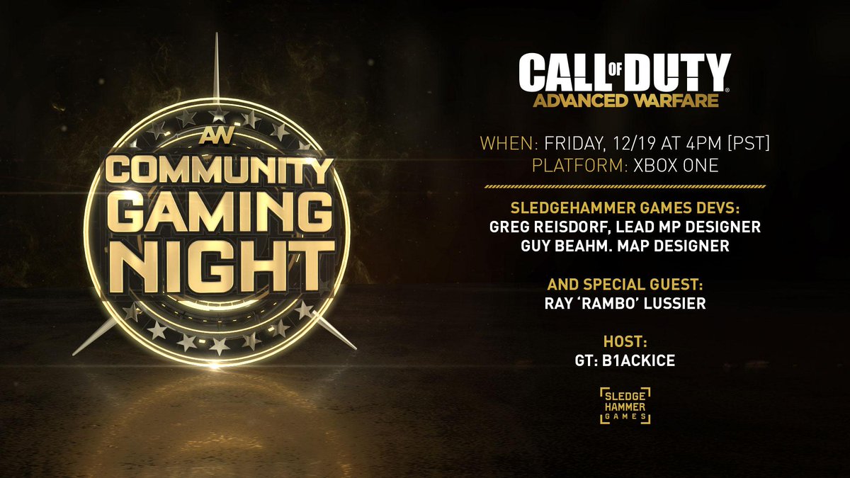 SHGames's tweet photo. Join us this Friday at 4PM PST for a Community Gaming Night as we play #AdvancedWarfareMP on Xbox One! http://t.co/flmD1FUjID