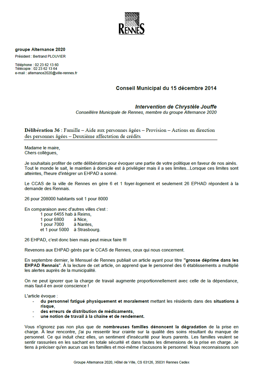 Alternance2020's tweet photo. #CMRennes : .@ChrysteleJouffe interpelle la mairie sur le manque de personnel dans les EPHAD de #Rennes http://t.co/ew5bMWsW1H