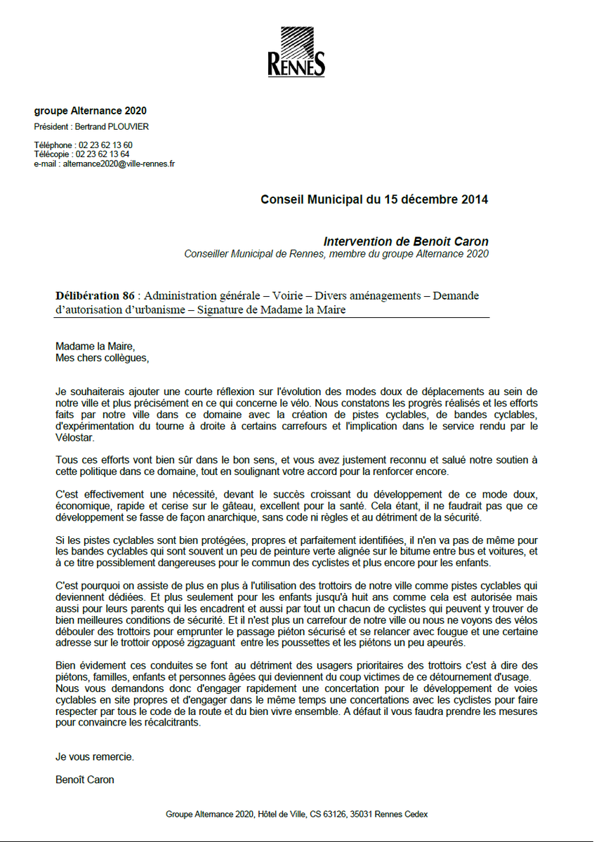 Alternance2020's tweet photo. #CMRennes : Benoit Caron intervient sur l'évolution des pistes cyclables à #Rennes. http://t.co/moGckHDb8j