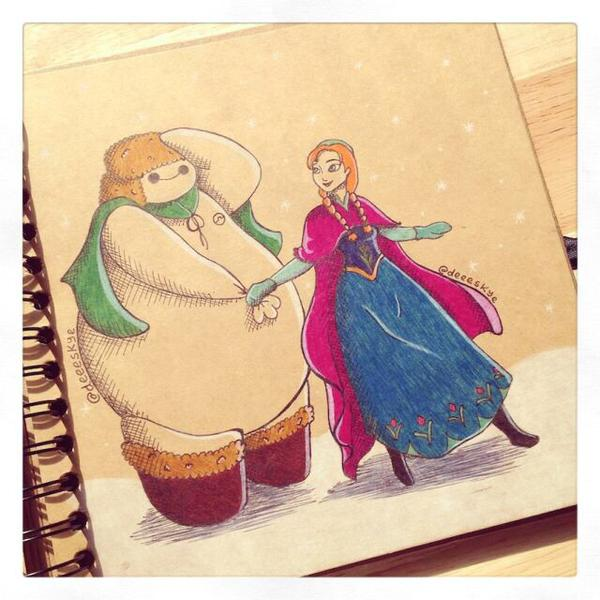 DisneyMemorie's tweet photo. Baymax with some of the Disney princesses http://t.co/A6frtuBk7w