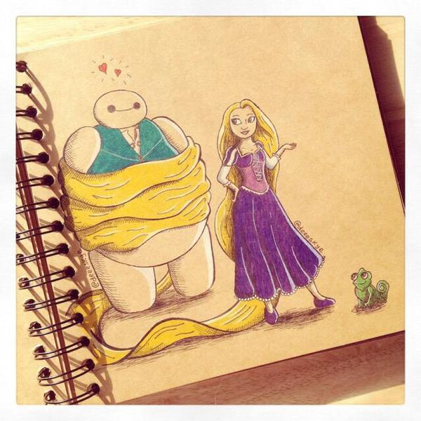 DisneyMemorie's tweet photo. Baymax with some of the Disney princesses http://t.co/A6frtuBk7w