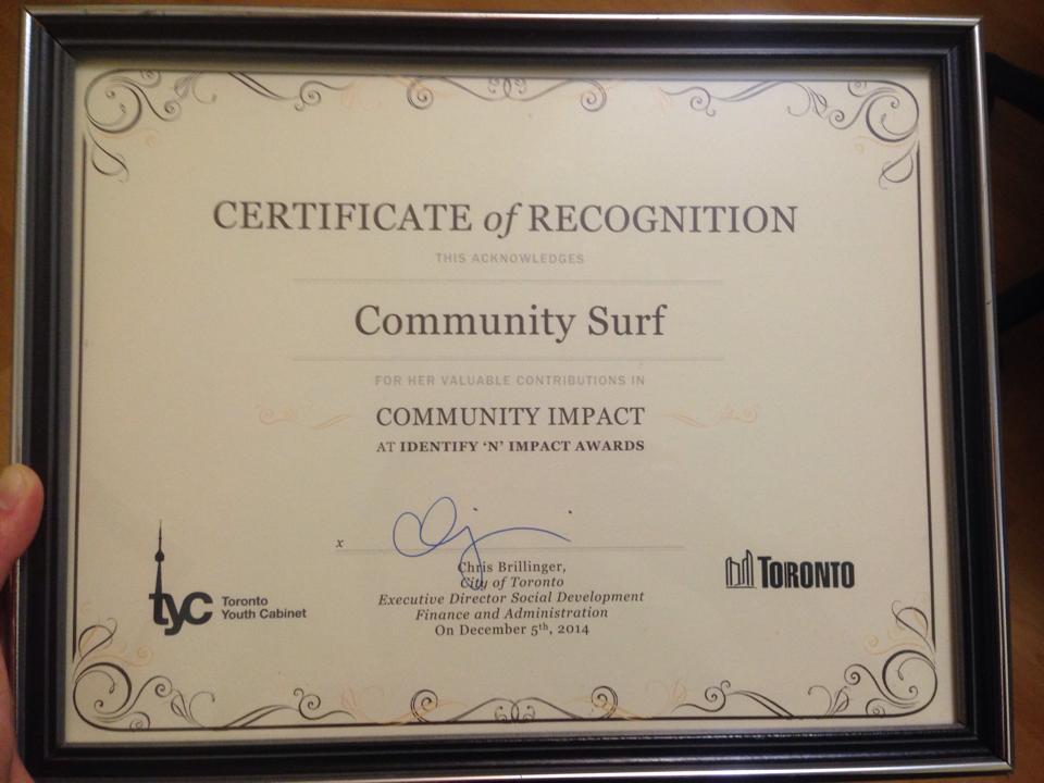 communitysurf's tweet photo. Community Surf is very honoured to have received Recognition from the TYC Impact! @TOYouthCabinet http://t.co/vBFAIfiV0O