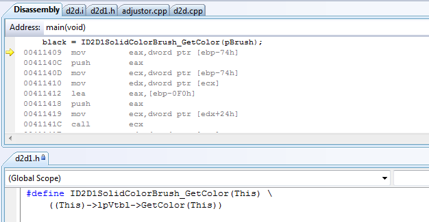 adeyblue's tweet image. The #Direct2d C API makes #VS2013 produce some wacky asm.It invents a param &amp;amp;passes the interface ptr as the 2nd arg!
