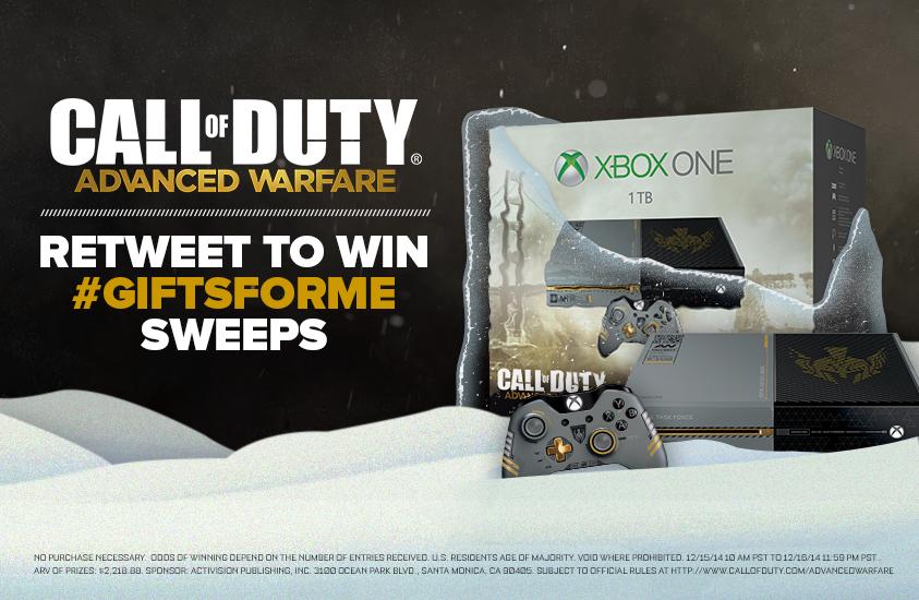 CallofDuty's tweet photo. RT for a chance to win an #AdvancedWarfare custom @Xbox, in the #GiftsForMe Sweeps. Rules: http://t.co/5MVYuIvZMg http://t.co/1h7yooR9NY