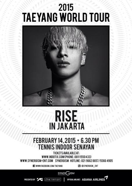 eosynergyjkt's tweet photo. 2015 TAEYANG WORLD TOUR [RISE] in JAKARTA - 14th February 2015 - 6.30PM at Tennis Indoor Senayan. http://t.co/kKrOheLWwi